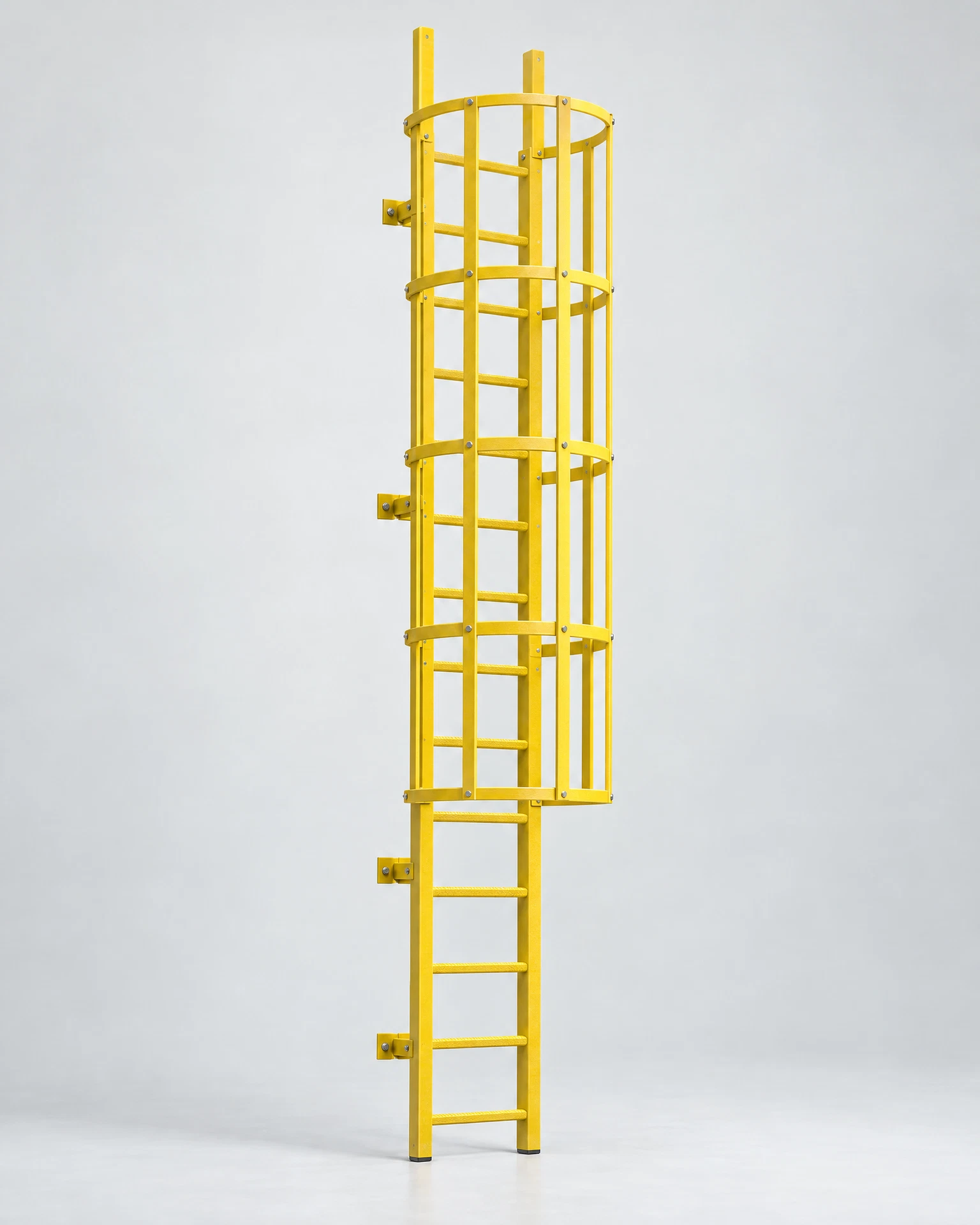 Illustrative studio render of a yellow FRP fixed access ladder with a surrounding guard cage
