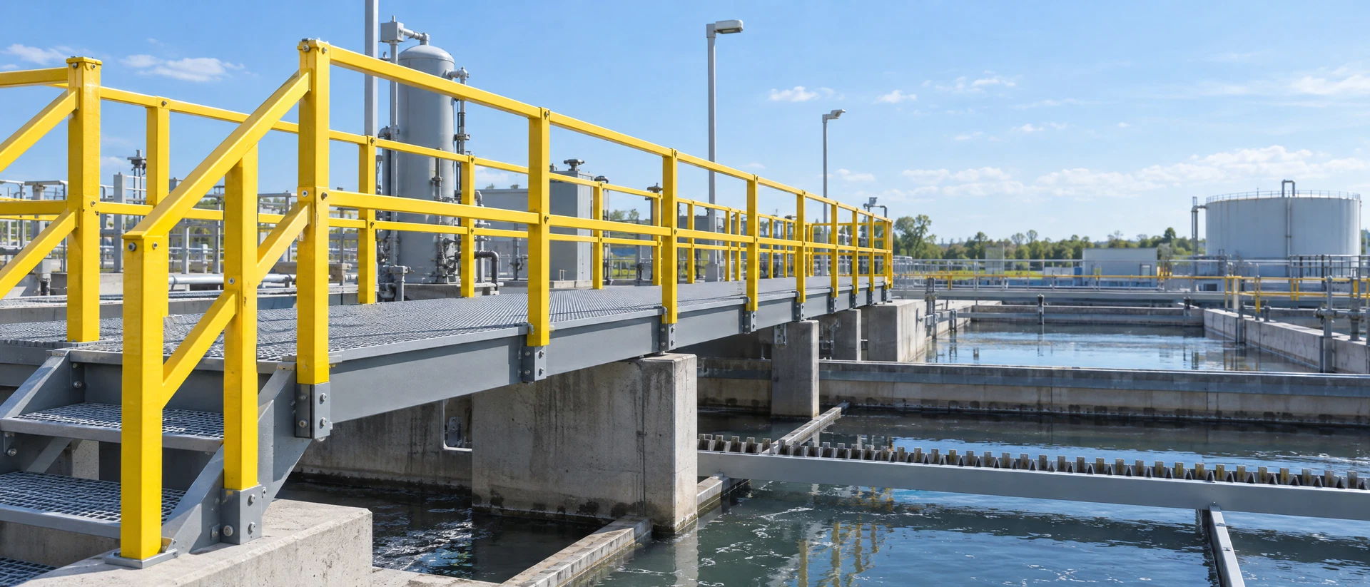 GRP grating platform and yellow FRP railings in a water treatment plant application