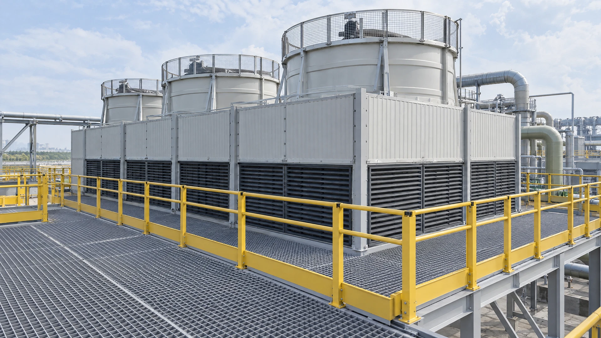 Illustrative render of a GRP grating platform and yellow composite handrails in the service area of a mechanical-draught cooling tower
