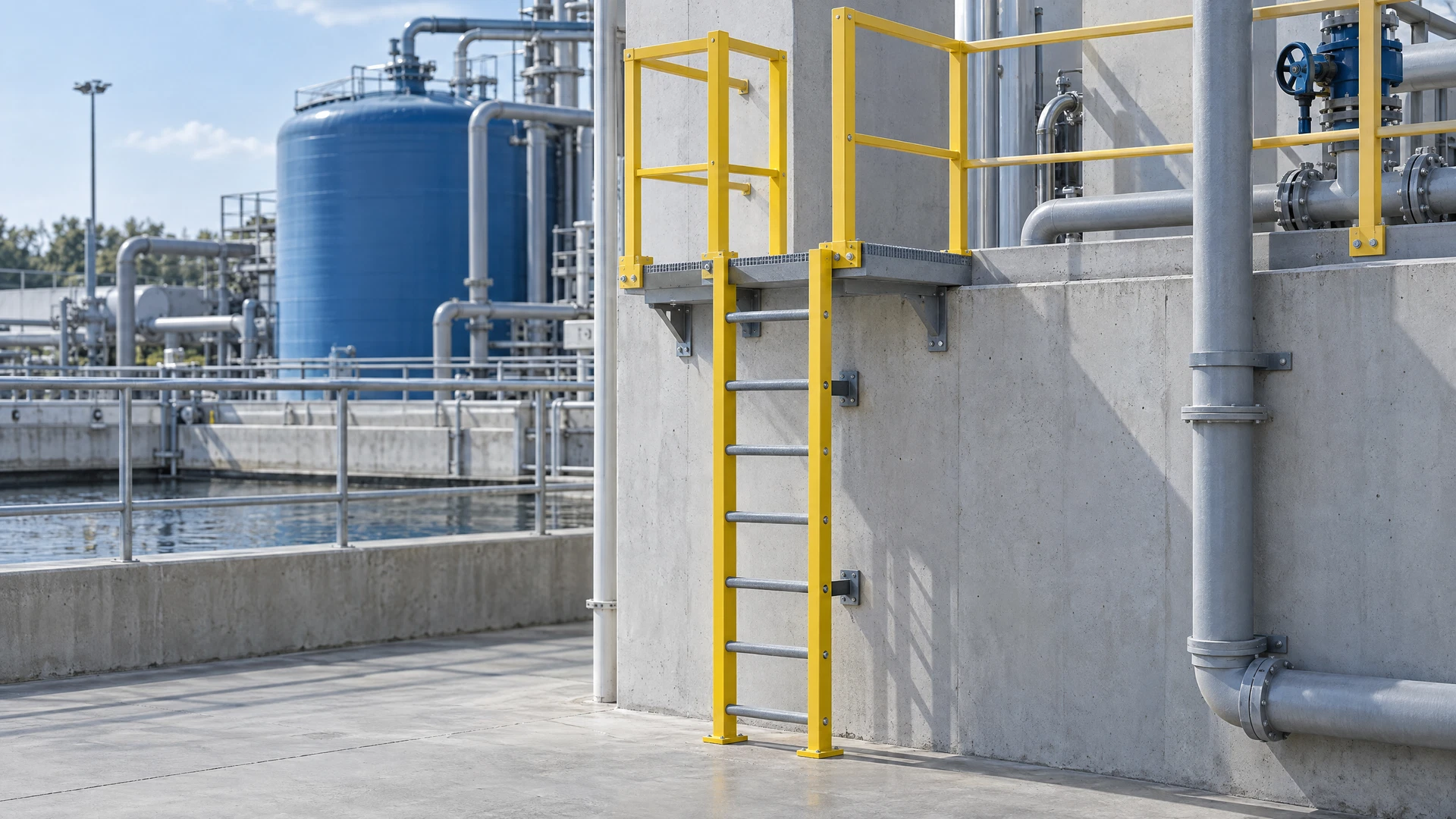 Illustrative render of a fixed access ladder with yellow FRP side profiles leading to an industrial service platform